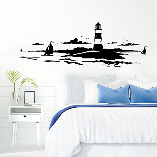 Grandora Skyline Küstenlandschaft Leuchtturm I schwarz 167 x 58 cm I Bad Wohnzimmer Schlafzimmer Aufkleber Wandaufkleber Wandsticker Modern W974