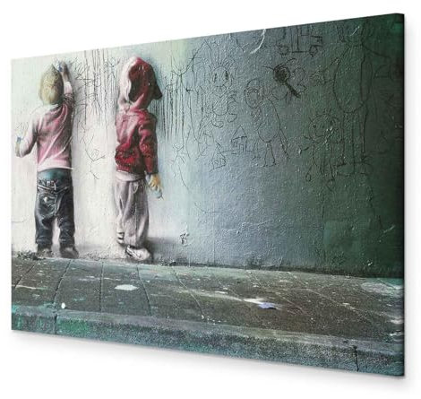 B&D XXL - Leinwand Bilder Banksy Kids Painting 90x60 cm 1 tlg Wand Deko Wandbilder Groß XXL Wanddeko Wohnzimmer Schlafzimmer Kunstdrucke - Poster Kinder Mural Graffiti Street Art i-B-0024-b-c