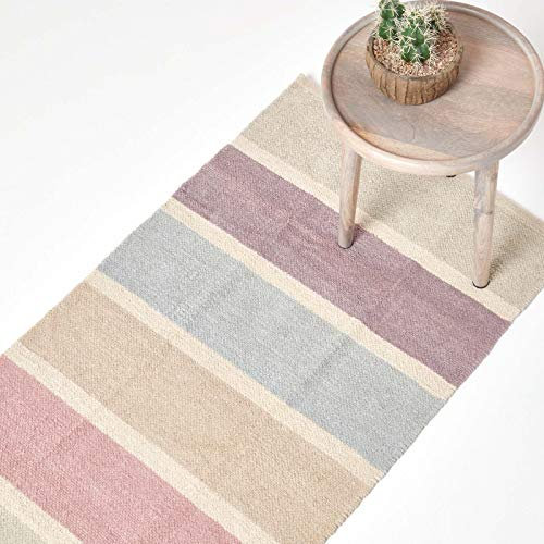 Homescapes waschbarer Chenille Teppich/Läufer 66 x 200 cm, handgewebt aus 100% Baumwolle, blau, beige, lila und grau gestreift