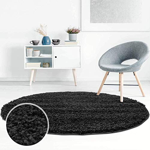 ayshaggy Shaggy Teppich Hochflor Langflor Einfarbig Uni Schwarz Weich Flauschig Wohnzimmer, Größe: 80 x 80 cm Rund