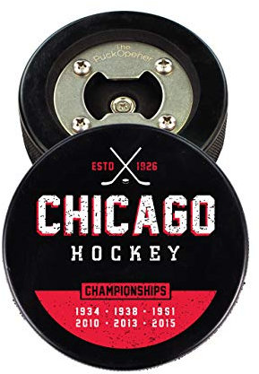 The PuckOpener Chicago Champs Hockey Puck Bottle Opener, Magnetic Cap Catcher, Coaster