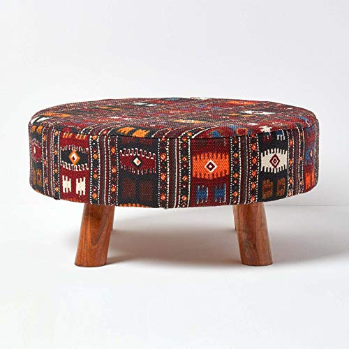 HOMESCAPES Traditional Style Circular Kilim Footstool - 62 x 62 x 30 cm