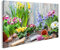 islandburner Bild auf Leinwand Blumengarten Bunte Blumen Töpfe Erde Vor Holzwand Bilder Wandbilder Poster