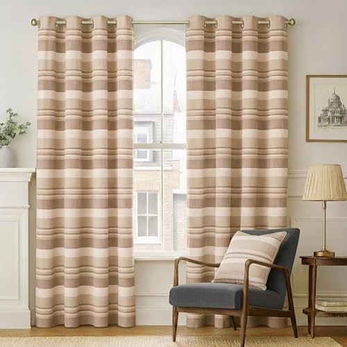 HOMESCAPES Beige Eyelet Curtain Pair 167cm (66) Wide x 228cm (90) Drop Morocco Stripe Design Ring Top Curtain Pair