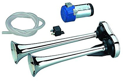 Druckluft Doppelhorn in 24 Volt 35cm und 31cm lang (Trichter aus hochglanzverchromten Messing) inkl. Kompressor~