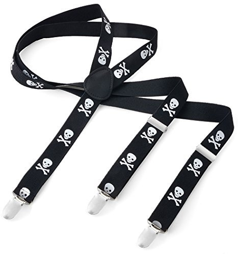 Herren Damen Long Hosenträger Y Form Style 3er Clips elastisch Schmal Unifarbe und Bunt mit verschiedenen Motiv, Mehrfarbig (Schwarz Pirat),Gr. One Size