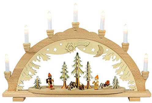 Dekohelden24 Schwibbogen, 7 flammig, Motiv: Wald mit Jäger und Weihnachtsmann, 57 x 9 x 38 cm