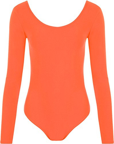WearAll New Ladies Stretch Bodysuit Long Sleeve Top Womens Leotard Fluorescent Orange 8/10