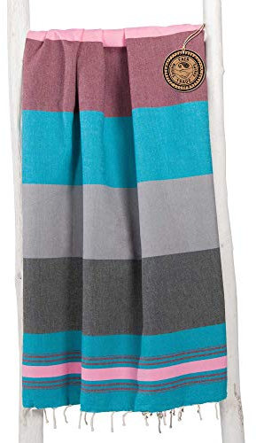 ZusenZomer Hamamtuch Groß Casablanca 100x190 Schwarz Blau Rosa - Fouta Hamam-Tuch Saunatuch Strandlaken XL - 100% Weiche Baumwolle - Fair Trade Hamamtücher