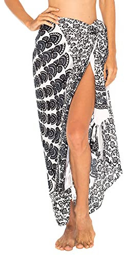SHU-SHI - Damen Sarong für den Strand - zum Tragen über Badeanzügen & Bikinis - Mandala-Pfauenmuster - Einheitsgröße - Schwarz/Weiß