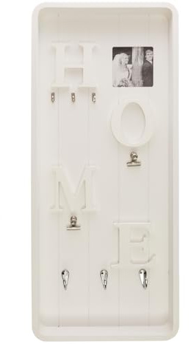 My Flair Memoboard Valerina – Schlüsselbrett Pinnwand Weiß | Landhausstil MDF-Board mit Haken, Klemmen & Bilderrahmen – 70 x 30 cm – HOME-Deko für Flur & Küche