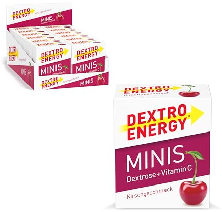 Dextro Energy Minis Kirsche + Vitaminc C - 12x50g (12er Pack) | Traubenzucker für schnelle Kohlenhydrate und Vitamin C für das Immunsystem, ideal zu portionieren