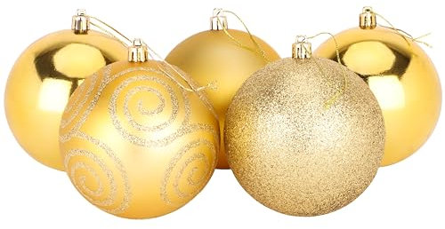 Christmas Concepts® 5er Pack - Extra große 100mm Christbaumkugeln - Glänzend, Matt & Glitterdekorierte Kugeln (Gold)