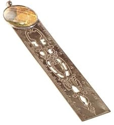 LOBERON Lesezeichen Hallie, Vintage-Look, mit Integrierter Lupe, Ornamentales Muster, kann als Lineal genutzt werden, Schreibwaren, Messing, Glas, antiksilber