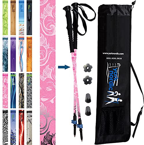 York Nordic Hiking & Walking Poles - Cushion Foam Hiking Grips - Lightweight, Adjustable, and Collapsible -2 Pieces Adjustable w/flip Locks, Detachable feet and Travel Bag (Pink)