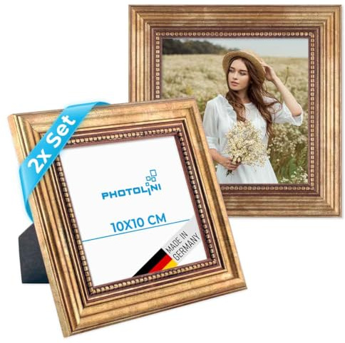 PHOTOLINI Barock-Bilderrahmen 10x10 cm in Gold antik, 2er Set Holz-Rahmen Vintage, Made in Germany, Echtglas, zum Aufhängen & Aufstellen, mit Zubehör - verleiht Deinen Fotos das besondere Etwas