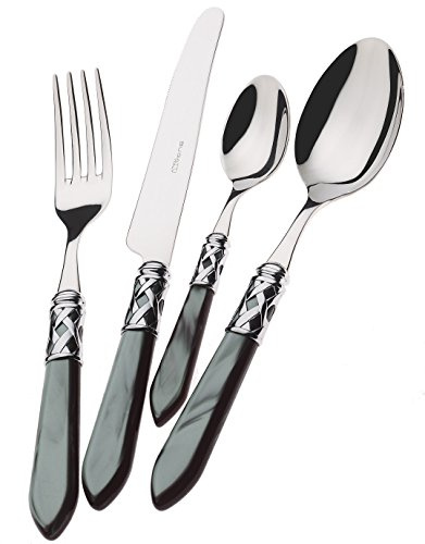 BUGATTI, Aladdin, Set Posate 49 Pezzi in Acciaio Inox, Ghiera Cromata e Manico Colore Nero con Effetto Madreperla. Set 12 Persone: 12 cucchiai, 12 forchette, 12 coltelli, 12 cucchiaini e 1 mestolo