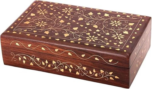 STORE INDYA Handcrafted Decorative Wooden Trinket Jewelry Box with Mughal Inspired Brass Inlay Floral Carvings Treasure Chest keepsake Boxes Jewellery Storage Organiser Great for Gifts - 20X13 CM