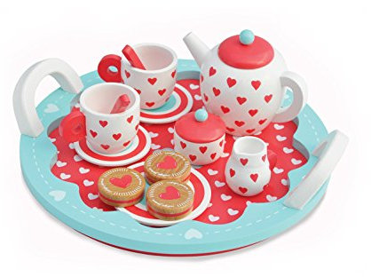 Indigo Jamm Wooden Tea Set Age 3+, Pretend Play Tea Party Tray with 10 Tea Set Pieces and 3 Wooden Biscuits – Hearts