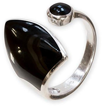 Fly Style Damenring Silber 925, Offener Ring mit Muschel oder Stein Inlays, Schwarz, Verstellbar, Pavéfassung, 19 mm Breite
