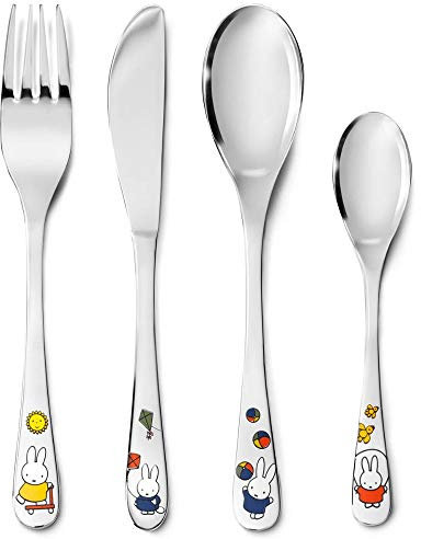 Miffy spielt Kinderbesteck MIT Gravur (z.B. Namen) 4tlg. ** Hersteller: Zilverstad ** inkl. Namensgravur auf der Rückseite ** Taufgeschenke für Mädchen & Jungen