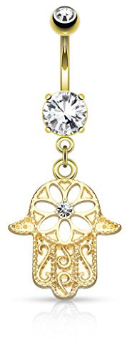 Paula & Fritz® Bauch-nabelpiercing Chirurgenstahl Gold Banane Bauch-Piercing Bananabell Nabel-Piercing Anhänger Hamsa Hand 10-mm Stab-länge