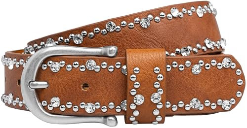 Caspar GU292 Damen Gürtel mit dezentem Strass und Nieten Dekor, Gürtelgröße:85 [für Körperumfang 86-90 cm], Farbe:cognac