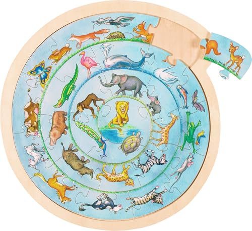 goki 57790 Einlegepuzzle Tierkreis aus Holz, Holzpuzzle mit 32 unterschiedlichen Tieren, Lernspielzeug und Kinderpuzzle, fördert Fantasie und Motorik, 30cm x 30cm, 27er Set, ab 3 Jahre