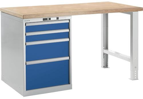 Lista Werkbank komplett, Buche-Multiplex-Arbeitsplatte - Höhe 840 mm, Unterstellschrank, 4 Schubladen, Tischbreite 1500 mm - Arbeitstische Werktische Arbeitstische Werktische Arbeitstische Werktische
