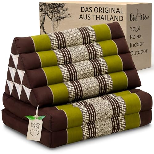 livasia Thaikissen mit 2 Auflagen - 120x50x8cm - Dreieckskissen mit Sitzkissen, Keilkissen mit Kapok, Rückenkissen faltbar, Thaimatte zum Klappen, handgefertigt, Meditationskissen (Braun/Grün)