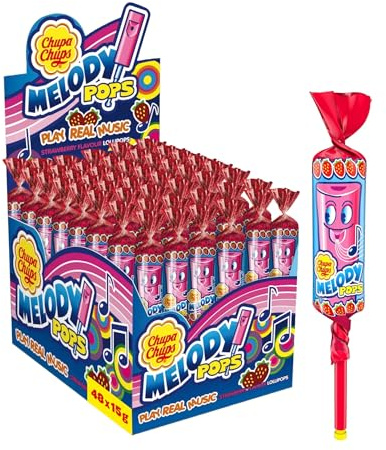Chupa Chups Melody Pops, Lecca-Lecca Fischietto, Confezione da 48 Pezzi, Gusto Fragola