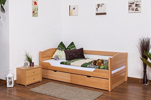 Einzelbett/Funktionsbett Easy Premium Line K1/s Voll inkl 2 Schubladen und 2 Abdeckblenden, 90 x 200 cm Buche Vollholz massiv Natur