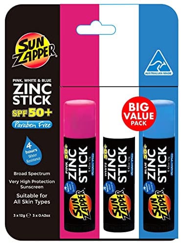 Bâtonnets de Zinc Sun Zapper – Couleur Rose + Blanc + Bleu. - SPF50+ - Protection solaire très élevée. Protège contre les UVA et les UVB.