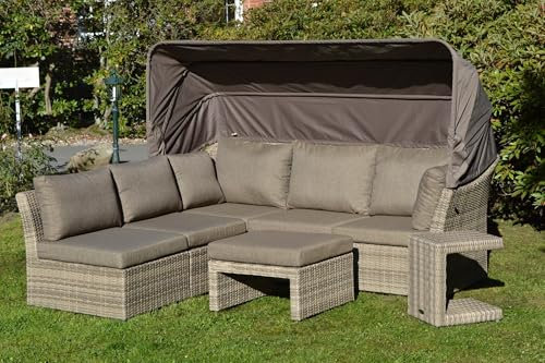 Ploß Polyrattan-Loungeset Rabida - XL-Gartenmöbel-Set 5-teilig in Champagner mit Auflagen - Design-Loungeset mit Sofa-Element & Hocker-Tisch & Ottomane - Outdoor-Lounge aus Poly-Rattan