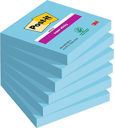 Post-it Super Sticky Notes, 6 Blöcke (540 Blatt), 76 mm x 76 mm, Blau | Selbstklebende Haftnotizen mit Stärkerer Haftung, Klebezettel für Bürobedarf, Erinnerungen & To-Do-Listen; Repositionierbar