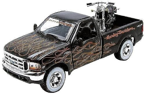 Maisto – 32181bk – Fahrzeug Miniatur – Modell Maßstab – Ford F 350 Super Duty – Harley Davidson 1936 – Maßstab 1/24, Zwart/Oranje/wit
