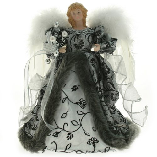 WeRChristmas Angel Decoration Christmas Tree Top Topper with Feather Wings, 25 cm - Black/Silver