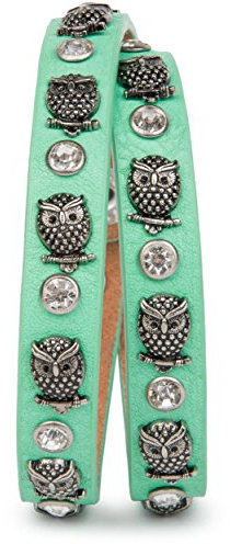 styleBREAKER Wickelarmband mit Eulen Nieten und Strass mit echtem Leder, Nietenarmband, Damen 05040019, Farbe:Mint