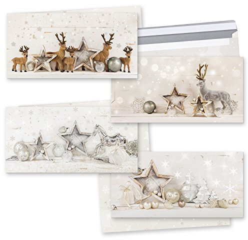Logbuch-Verlag Weihnachtskarten Set 4 weihnachtliche Klappkarten Grußkarten Weihnachten gold silber grau Rentier Shabby Chic DIN lang mit Kuvert