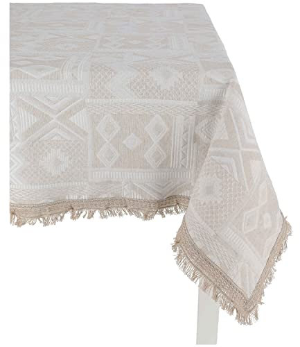 Casatessile Mexico - Jacquard-Tischdecke Baumwolle | Eleganz Geometrisches Muster mit Fransen | Maschinenwaschbar & Langlebig | Quadratisch cm 140x140 Farbe Naturale - Elfenbein