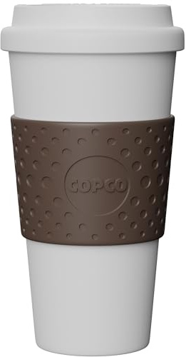 Copco Acadia 16 oz Reusable To-Go Travel Mug - BPA-Free Insulated Coffee Cup with Double-Wall Insulation, Spill-Proof Lid & Non-Slip Rubber Grip - Microwave & Dishwasher Safe (White/Brown)