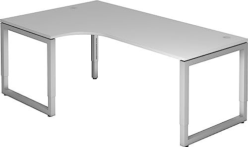 bümö höhenverstellbarer Eckschreibtisch R-Serie 200x120 cm in grau, Gestell in Silber - Schreibtisch L Form, großer Tisch für's Büro, Computertisch höhenverstellbar
