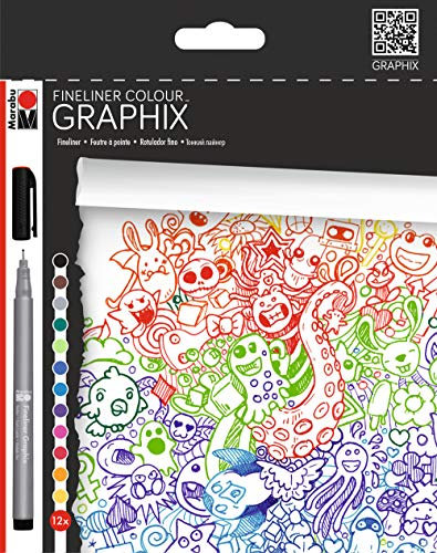 Marabu 0146000000100 - Fineliner Graphix, Set Doodle Supreme, 12 brillante Farben, Strichstärke ca. 0,5 mm, wasserbasierte Pigmenttusche, metallgefasste Kunststoffspitze