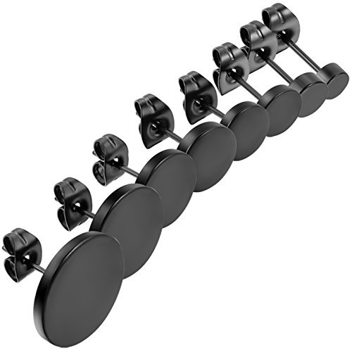JewelryWe Schmuck Herren-Ohrringe, 3-14mm Kreis Ohrstecker, 16pcs(8 Paar), Edelstahl, Schwarz