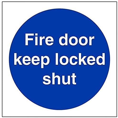 V Safety 18015AF-R Fire Door Keep Locked Shut Sign - Square - 100mm x 100mm - 1mm Rigid Plastic, Blue