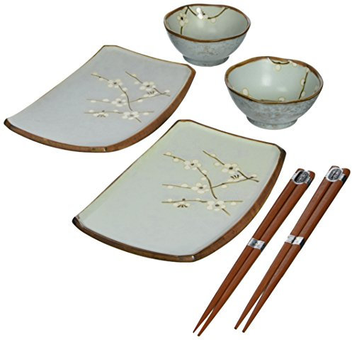 MIYA Spring Blossom Japanese Sushi Plate Gift Set with 2-Pair of Chopsticks, Sushi for Two, Blue/White