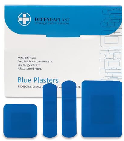 Dependaplast Food Area Blue Plasters With High Visibility And Metal Detection Properties, Easily Detectable, Individually Wrapped - Assorted Box of 100