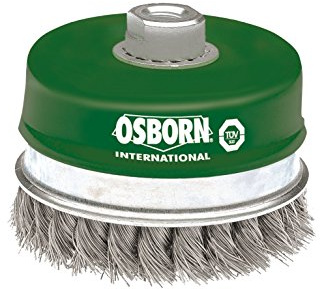 Osborn Topfbürste für Winkelschleifer 180 mm, Durchmesser 100 mm, Gewinde M 14 x 2, gezopfter rostfreier Stahldraht 0,50 mm mit Stützring TÜV geprüft, grün, 2608354