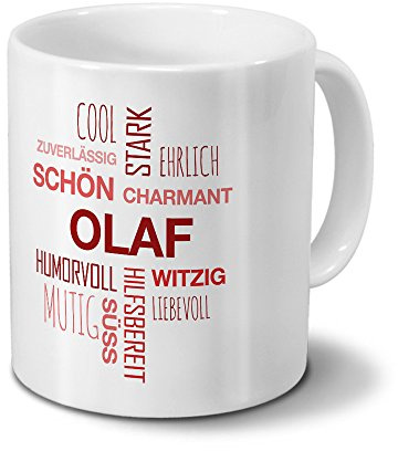 printplanet Tasse mit Namen Olaf Positive Eigenschaften Tagcloud - Rot - Namenstasse, Kaffeebecher, Mug, Becher, Kaffeetasse