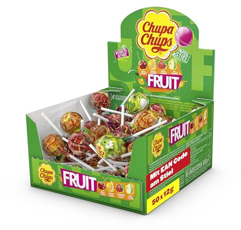 Chupa Chups Fruit Lutscher-Dose, praktische Box mit 50 Lollis mit Barcode in 4 fruchtigen Geschmacksrichtungen Apfel, Erdbeere, Orange, Kirsche, geeignet für Geburtstag, 50 x 12g